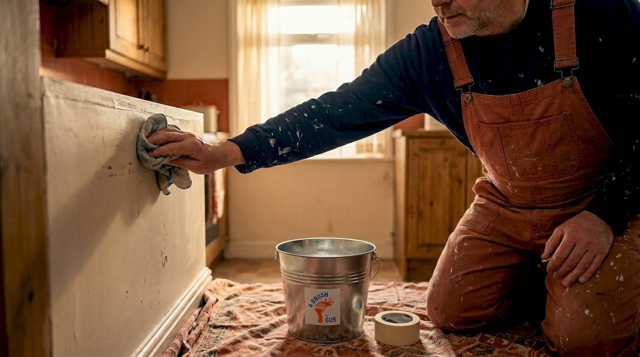 Man cleaning wall for painting preparation