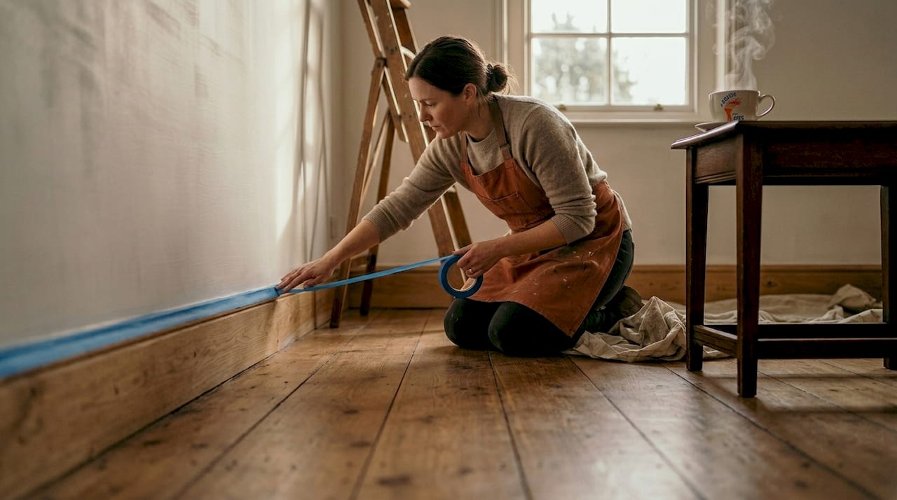 Homeowner masking skirting board before painting
