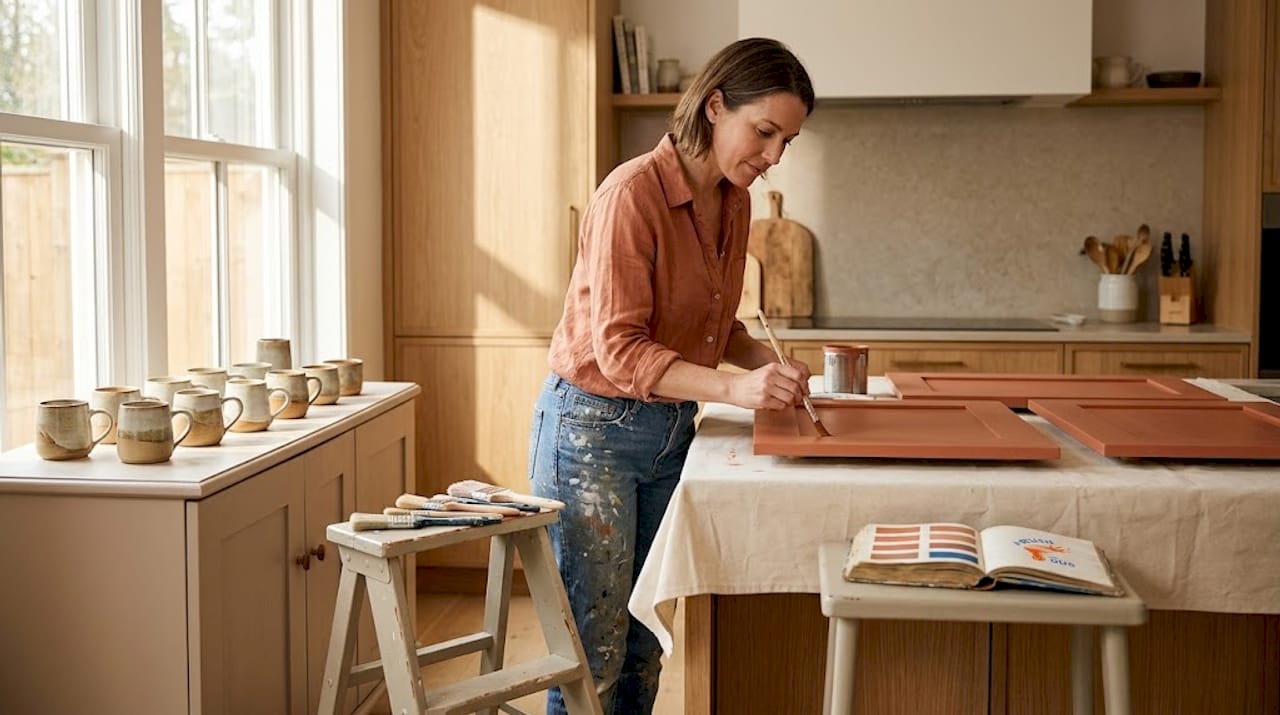 Person painting kitchen cupboards in natural home