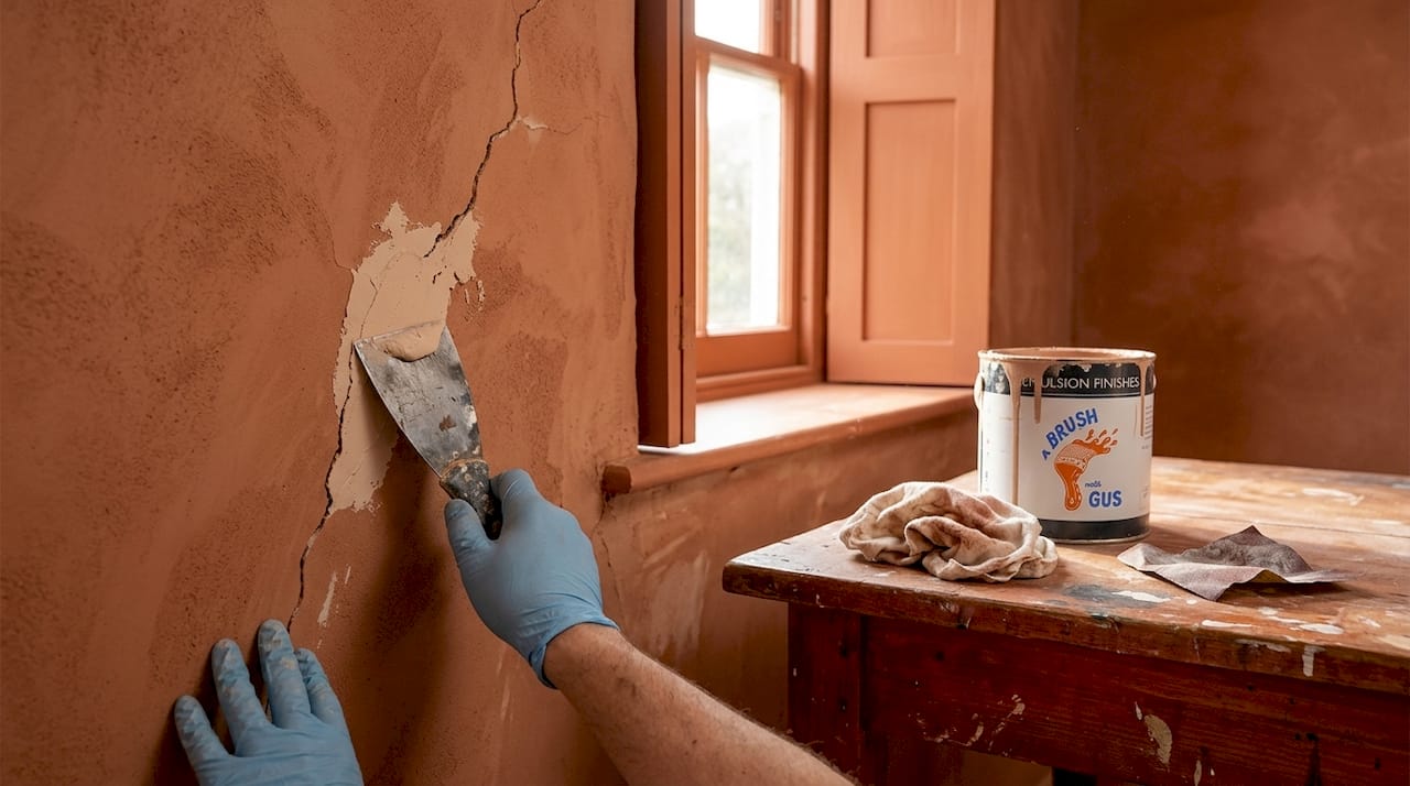 Hands repairing cracked plaster wall