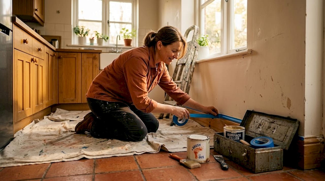 Painter taping baseboards during home prep