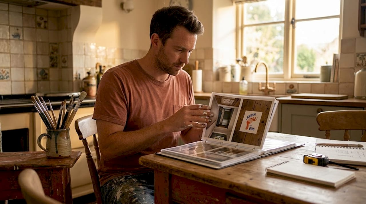 Painter reviewing project portfolio at home table