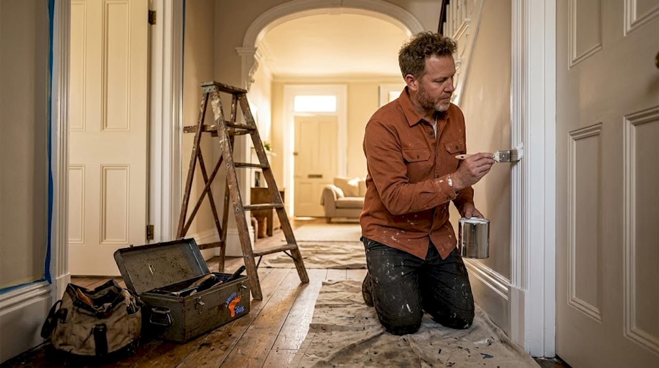 Man painting hallway trim and doors