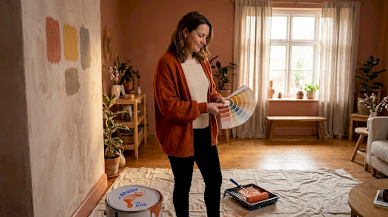 Woman comparing paint swatches in living room