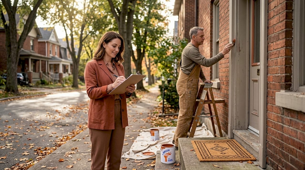 Manager inspects repainting outside commercial property