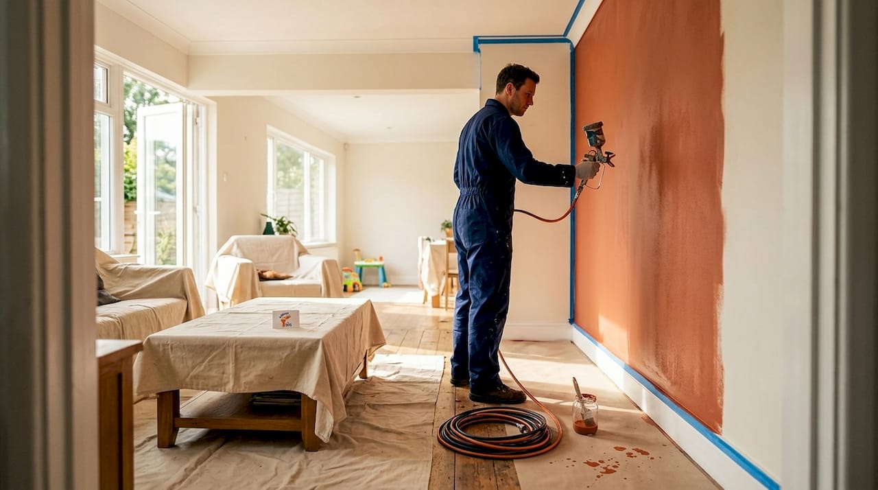 Painter using airless sprayer on living room wall