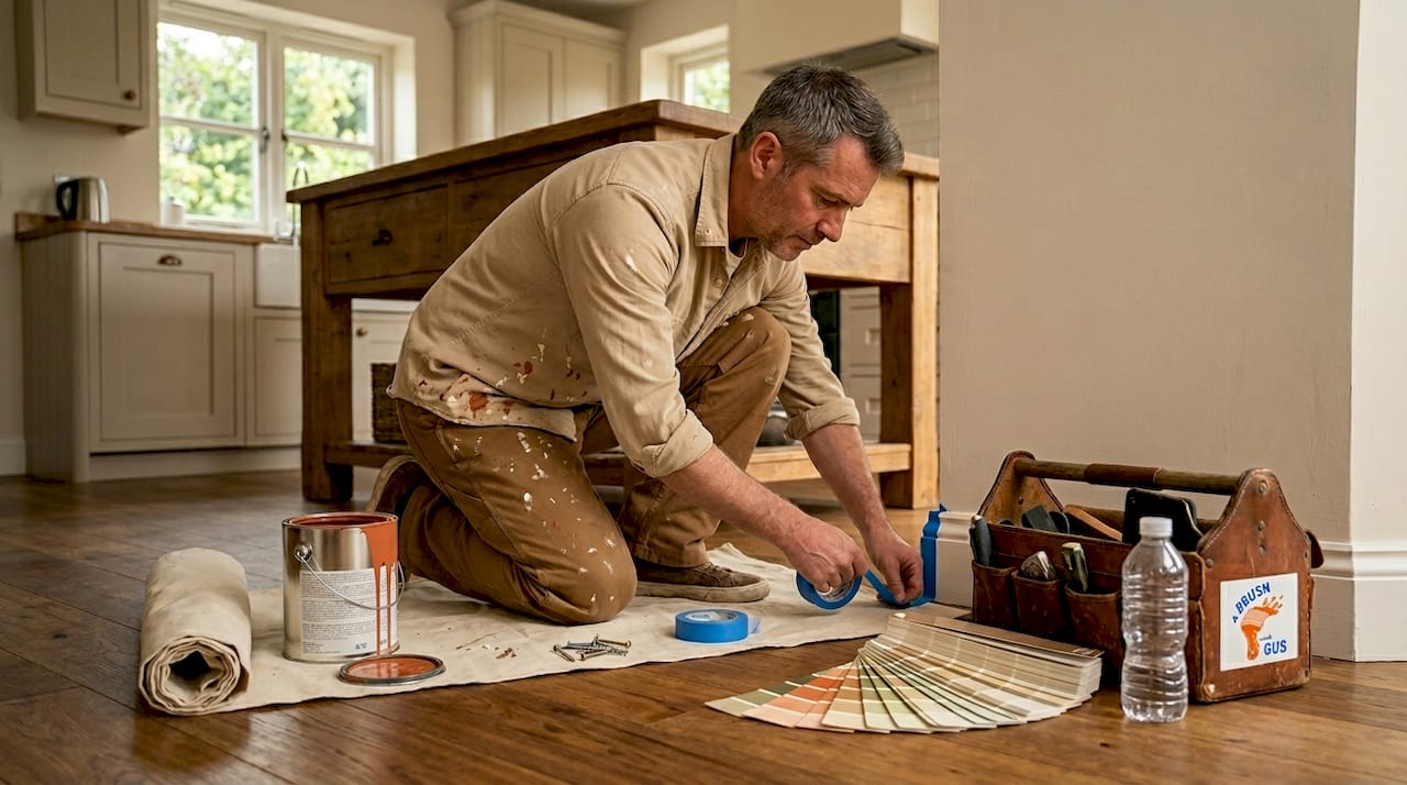 Decorator preparing living room for painting