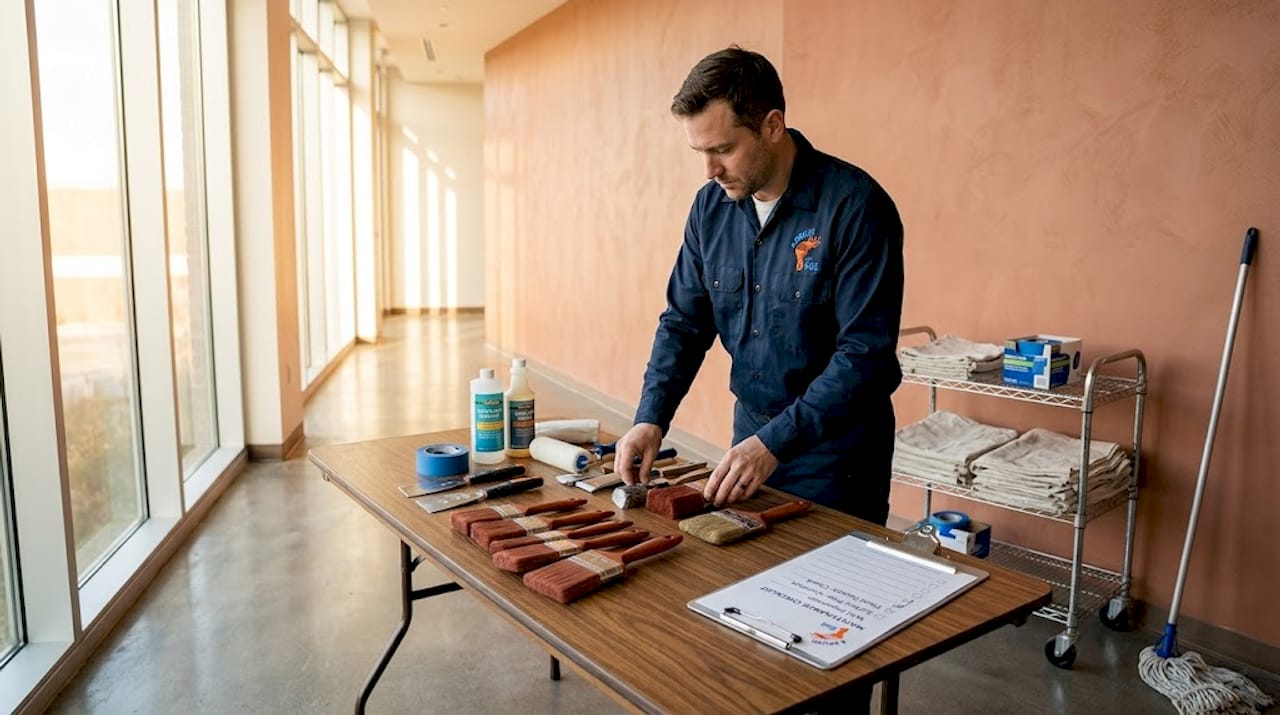 Worker prepping commercial wall with tools