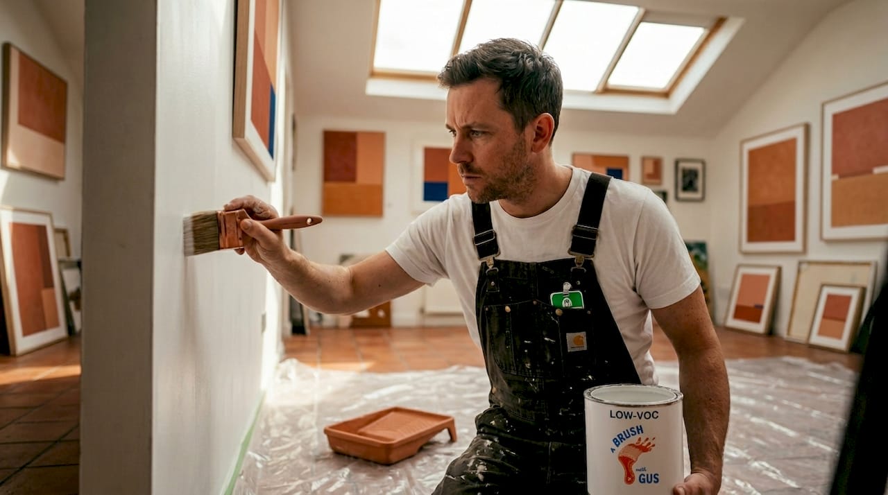 Painter applying low-VOC paint in office