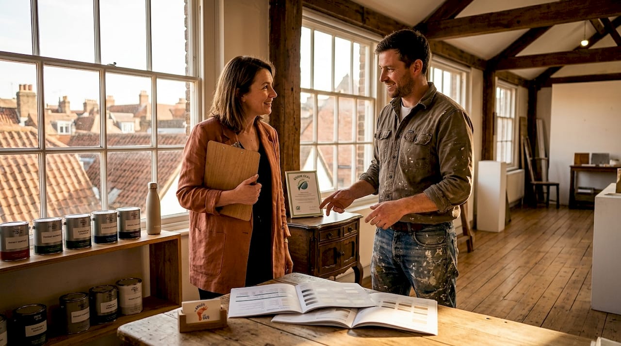 Project manager and contractor reviewing sustainable paint