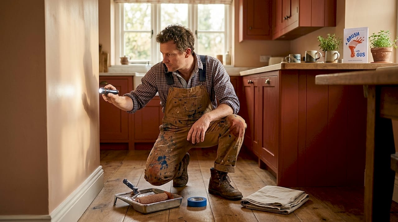 Painter checking wall texture with torch