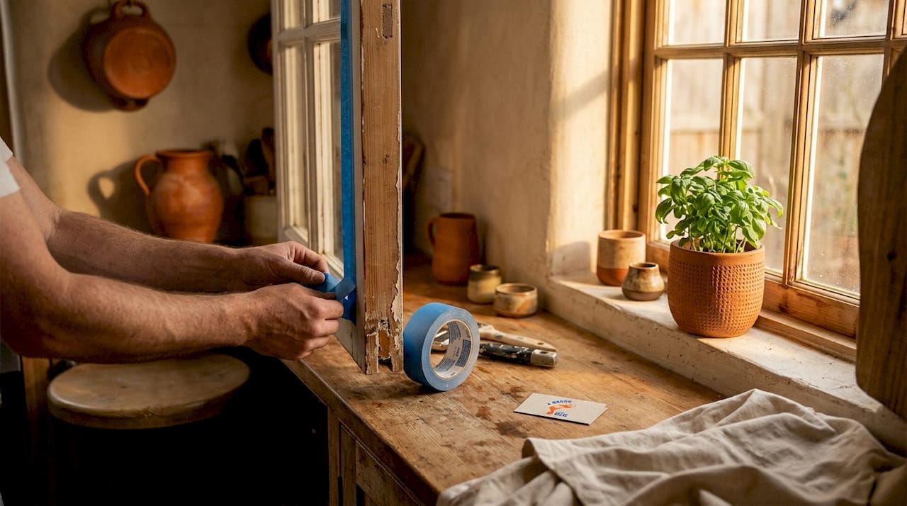 Hands prepping window frame with painter's tape