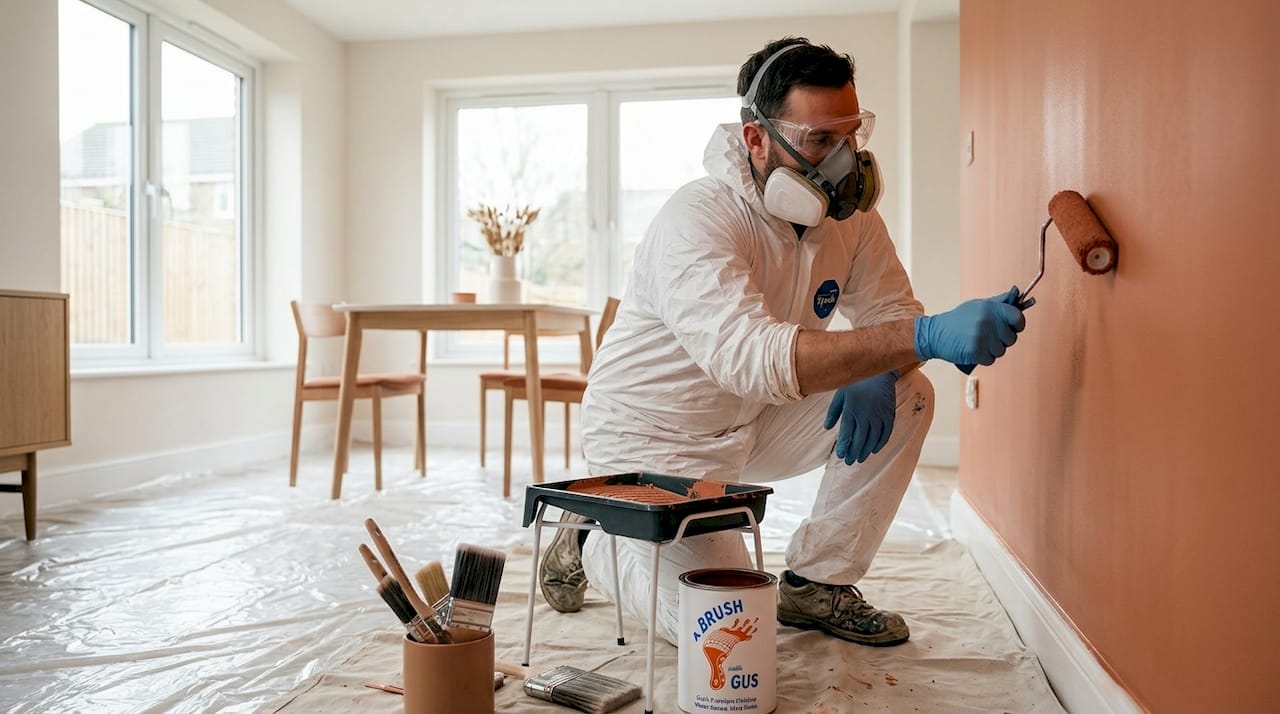 Painter wearing full PPE painting safely indoors
