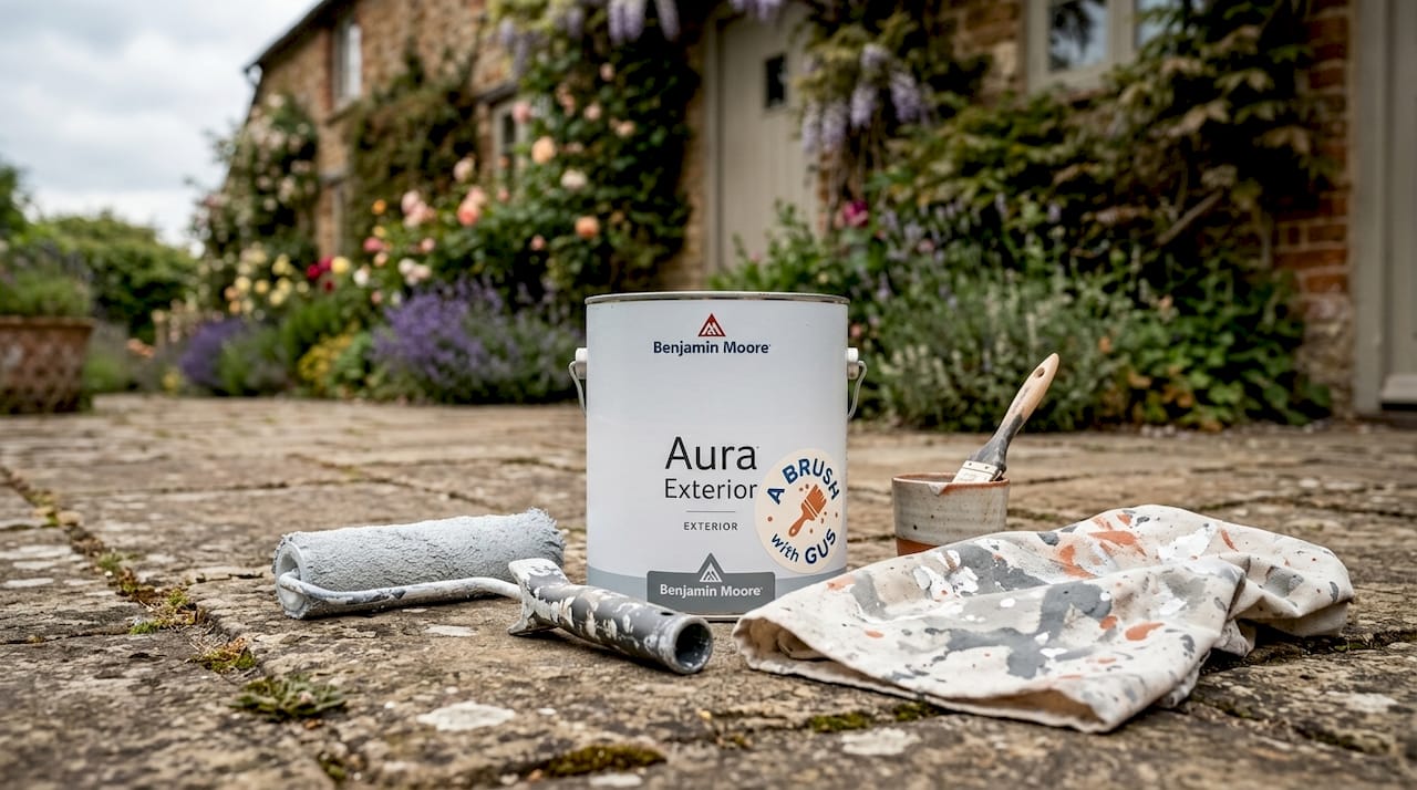 Benjamin Moore Aura Exterior paint can with painting tools
