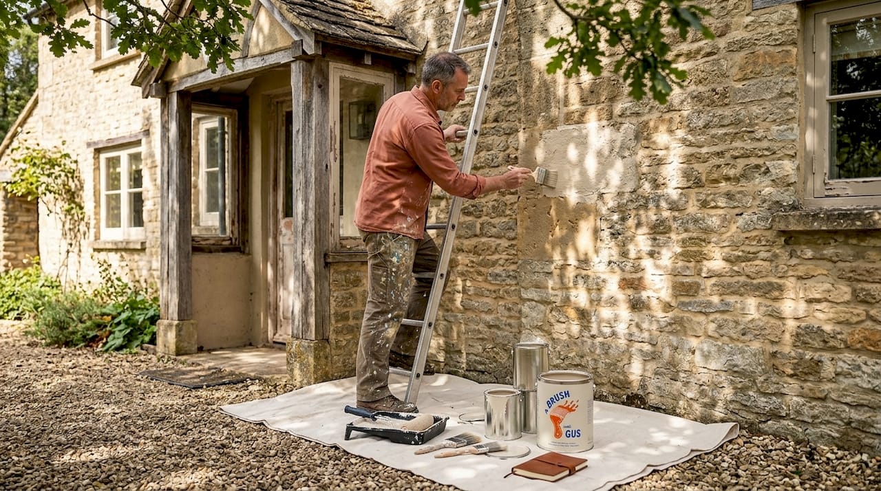 Painter applying exterior paint on UK home