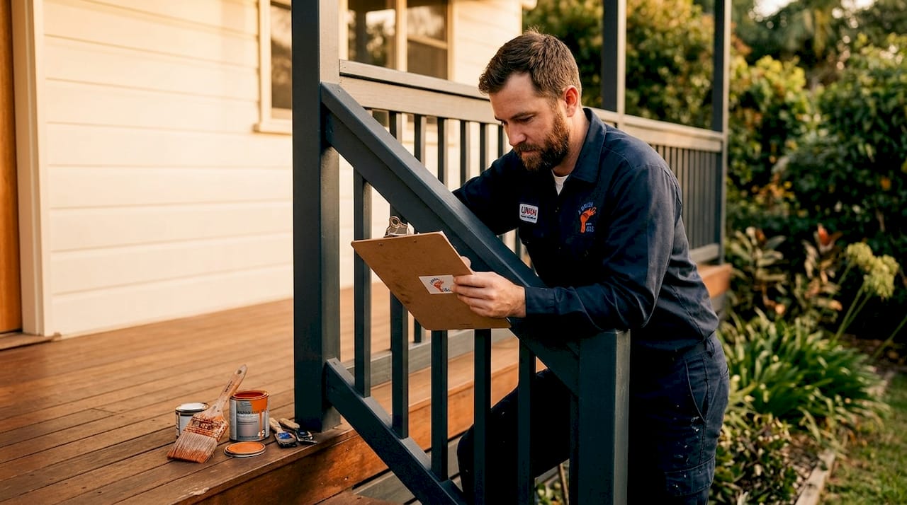 Trade certified painter inspecting painted home exterior