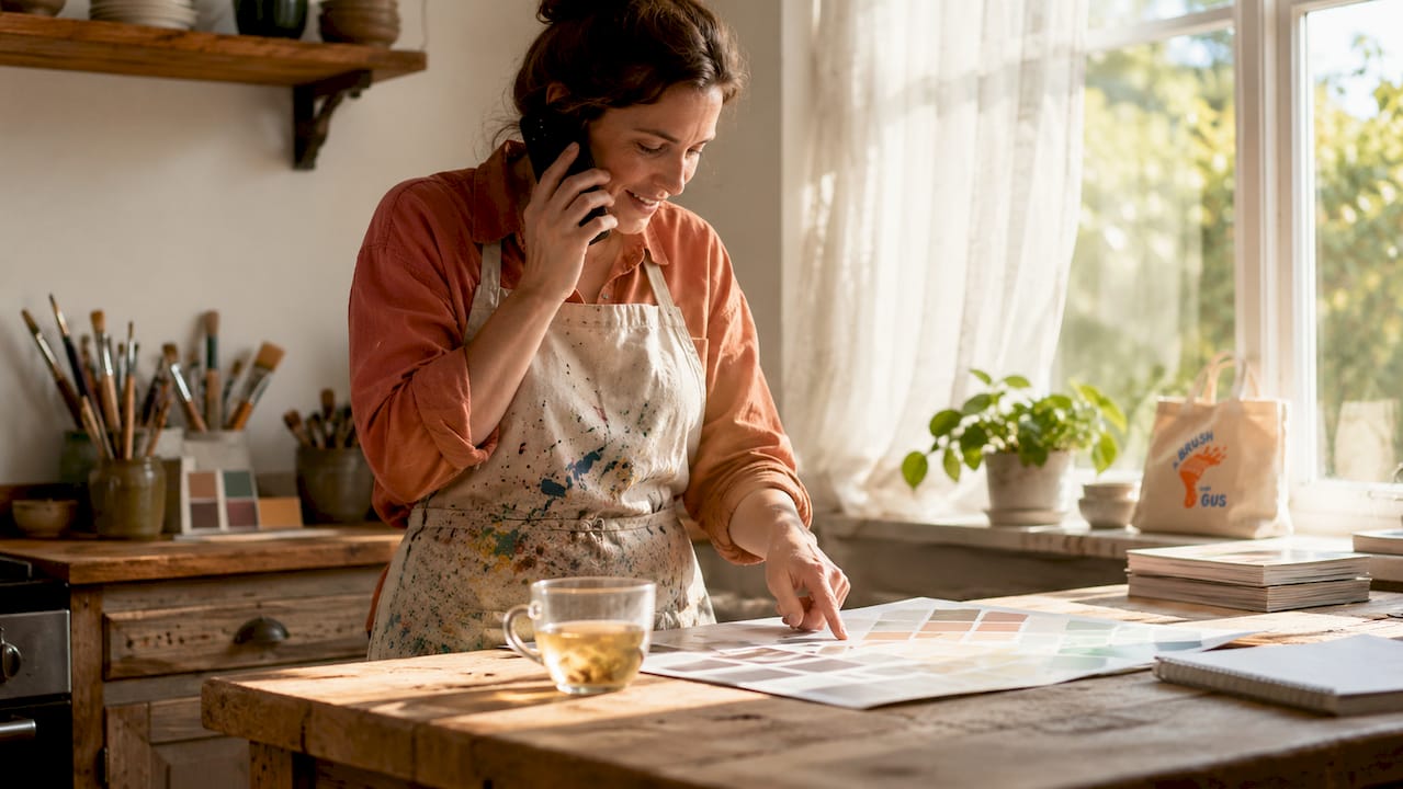 Local painter discussing paint options over phone indoors