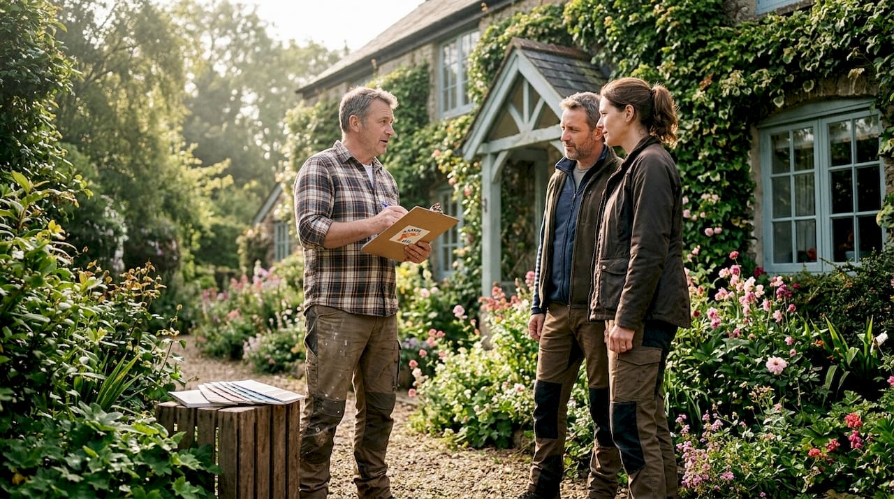 Regional painter consulting homeowners outside their house