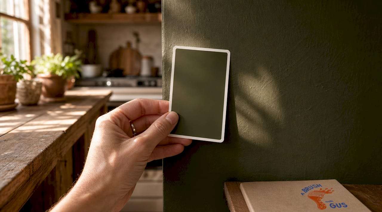 Hand holding paint sample against painted wall
