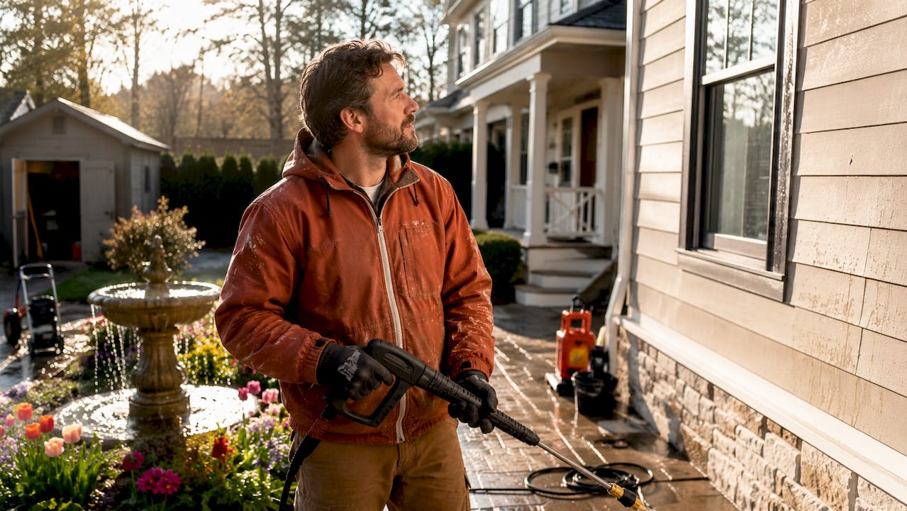 Professional inspecting house for exterior cleaning
