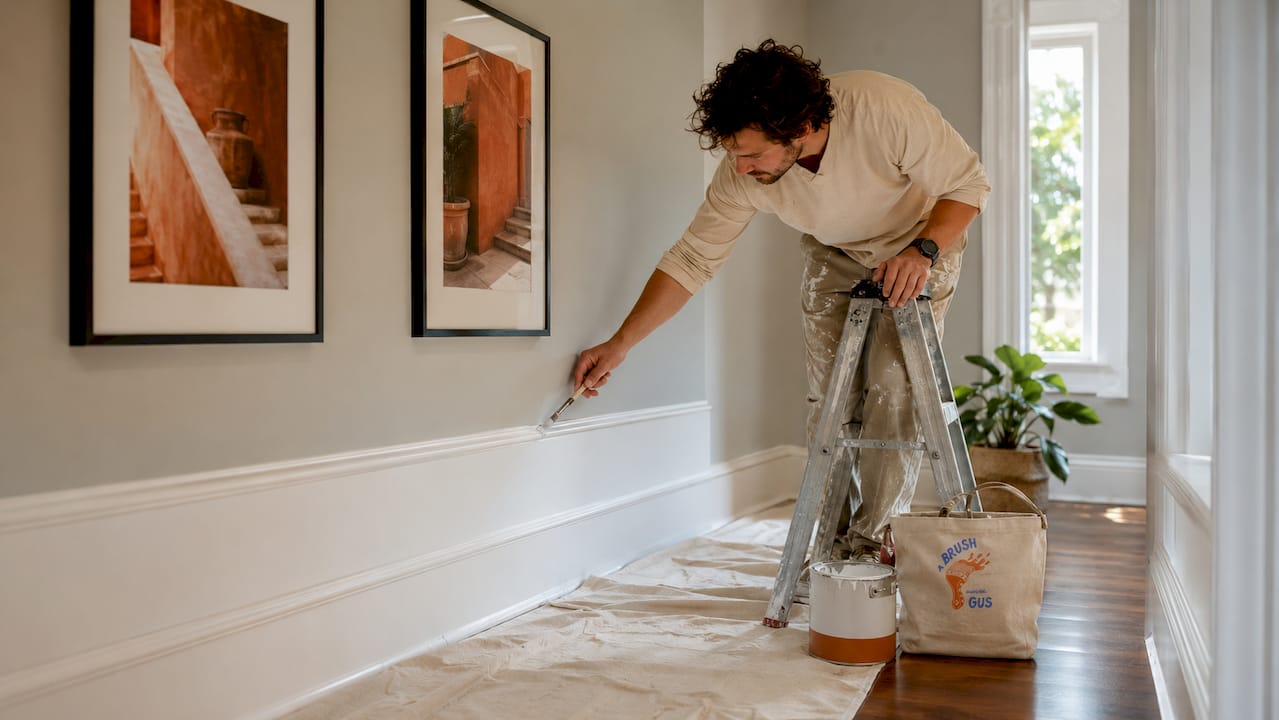Close-up painting skirting board with brush