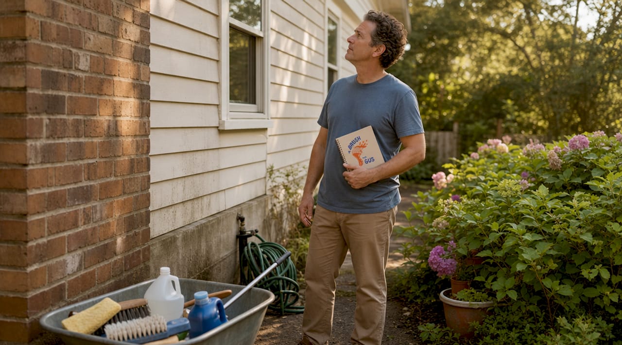 Homeowner inspecting house exterior outside