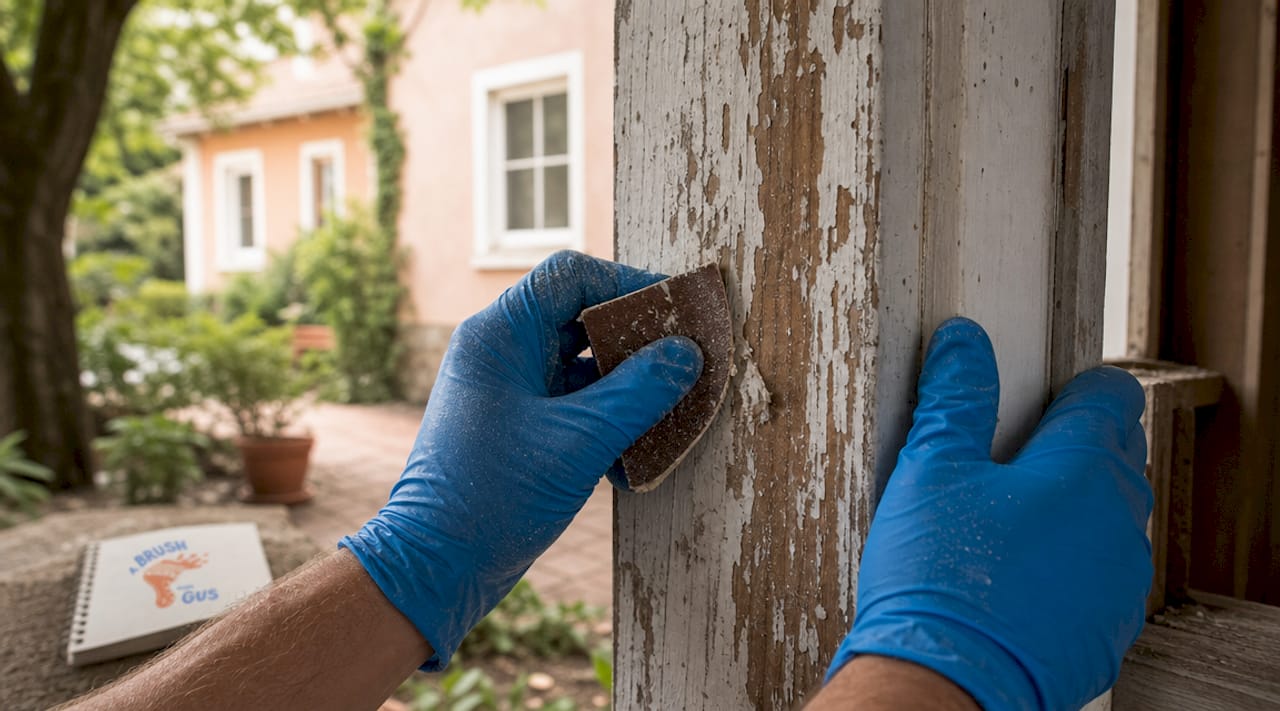 Close-up of hand sanding wooden window frame