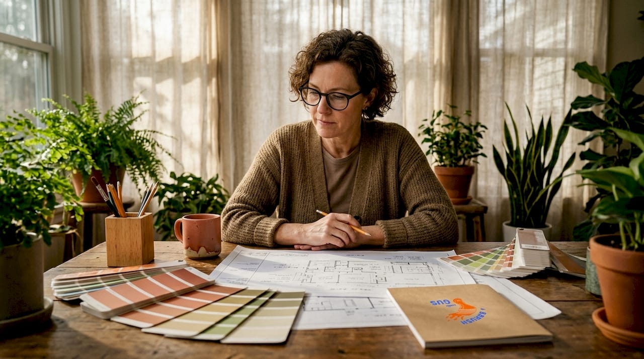 Woman reviewing painting project plans at desk