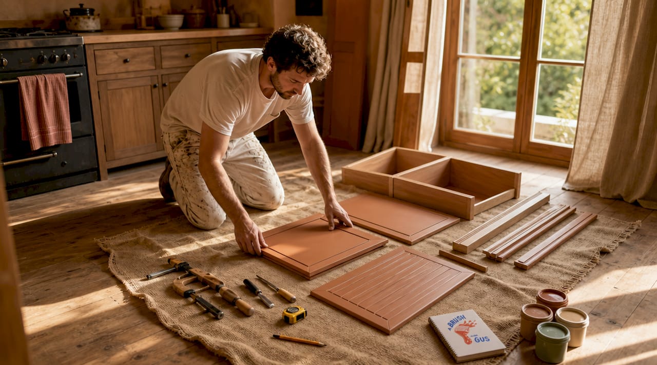 Hands sorting kitchen cabinet components on worktable