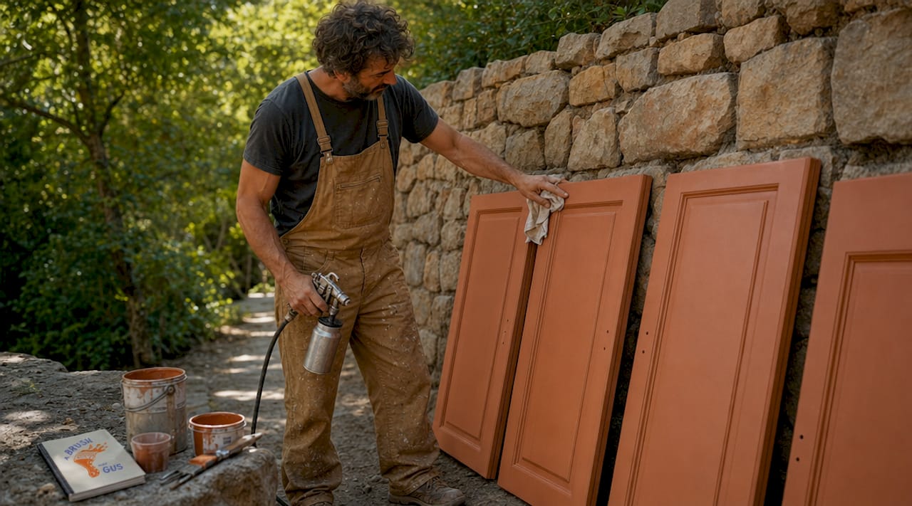 Man preparing kitchen cabinets for spraying in workshop