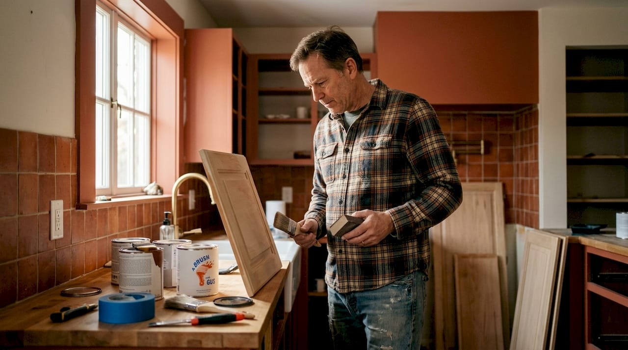 Homeowner preparing kitchen cabinets for repainting