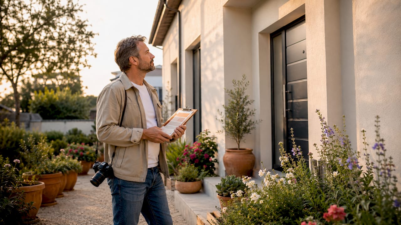 Inspector reviewing renovated home exterior