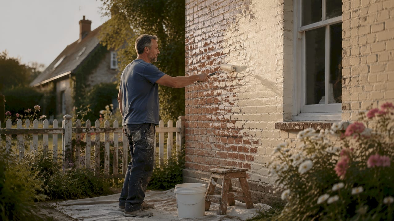 Man painting brick wall with masonry paint