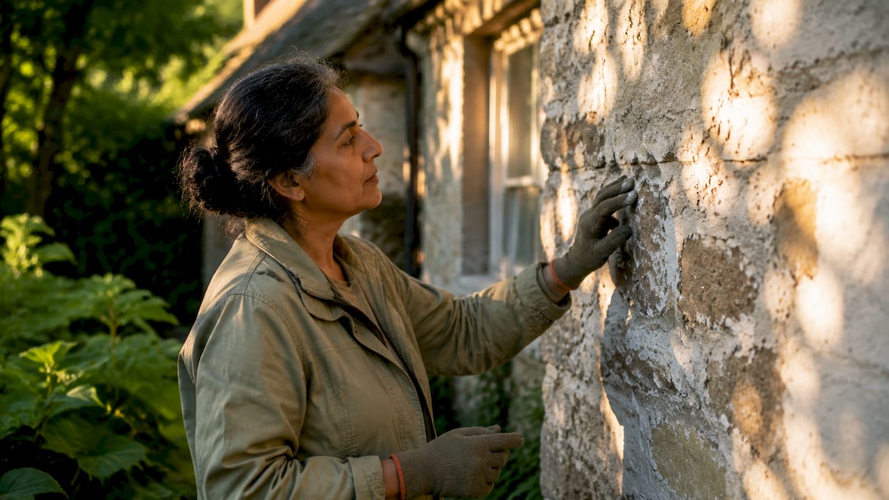 Woman inspecting house exterior damage carefully