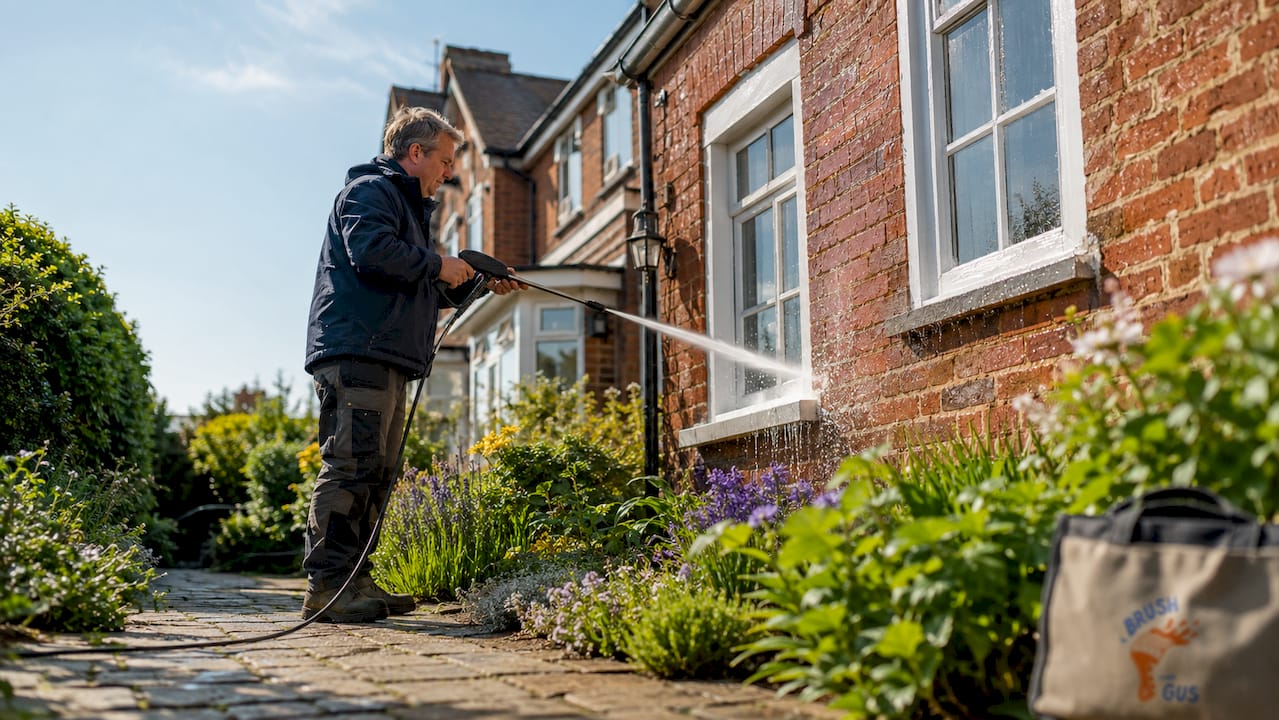 Homeowner pressure washing UK house exterior
