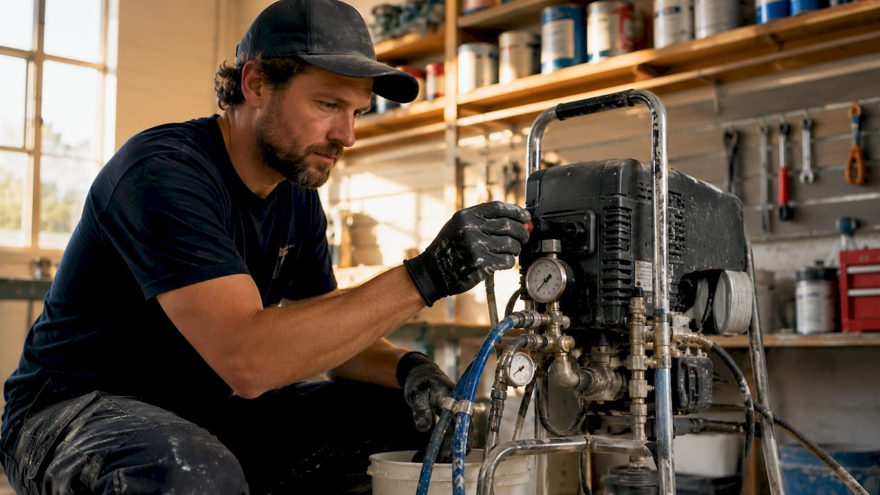 Hands adjusting airless sprayer pressure control
