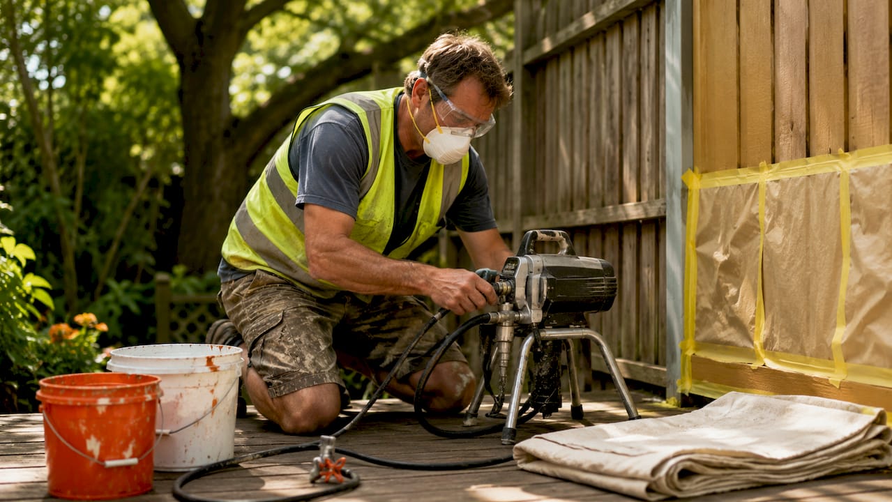Painter setting up airless sprayer outdoors