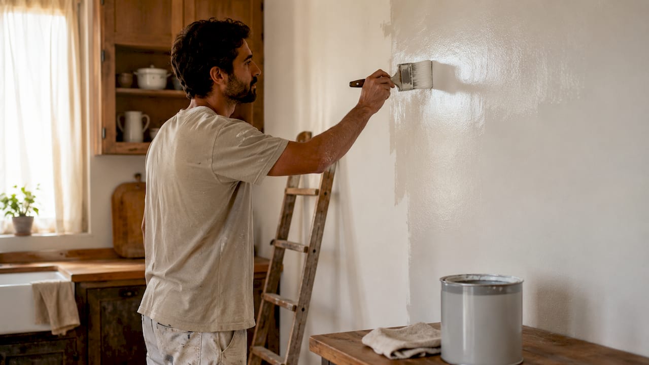 Painter applying premium paint to wall