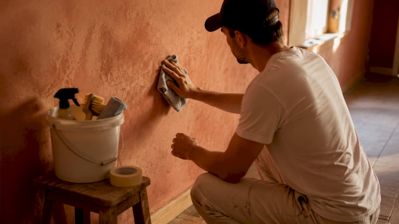 Hands cleaning wall surface with cloth