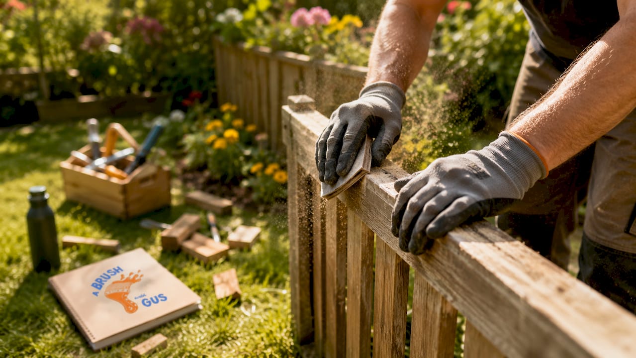 Close-up of hands sanding weathered wooden wall