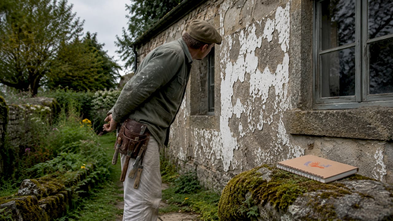 Painter inspecting peeling paint on house exterior