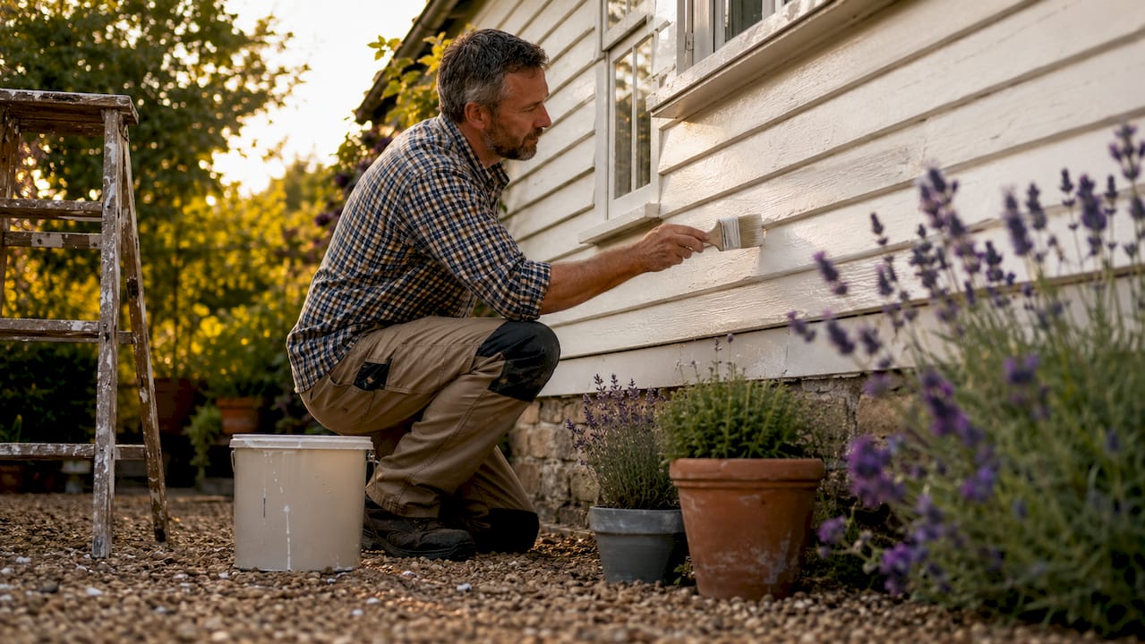 Person painting house exterior with weatherproof paint