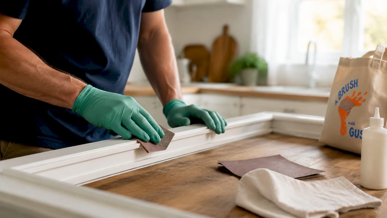 Hands sanding UPVC frame for spraying preparation
