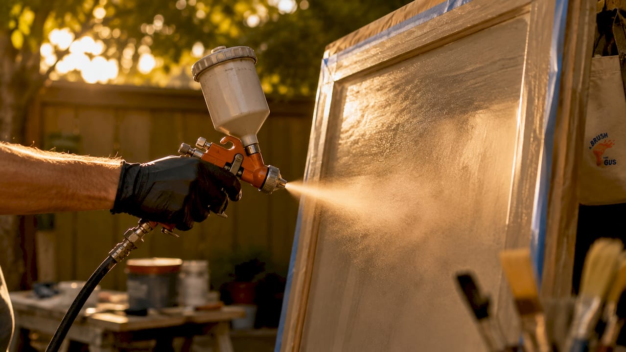 Close-up of paint spray gun applying smooth finish