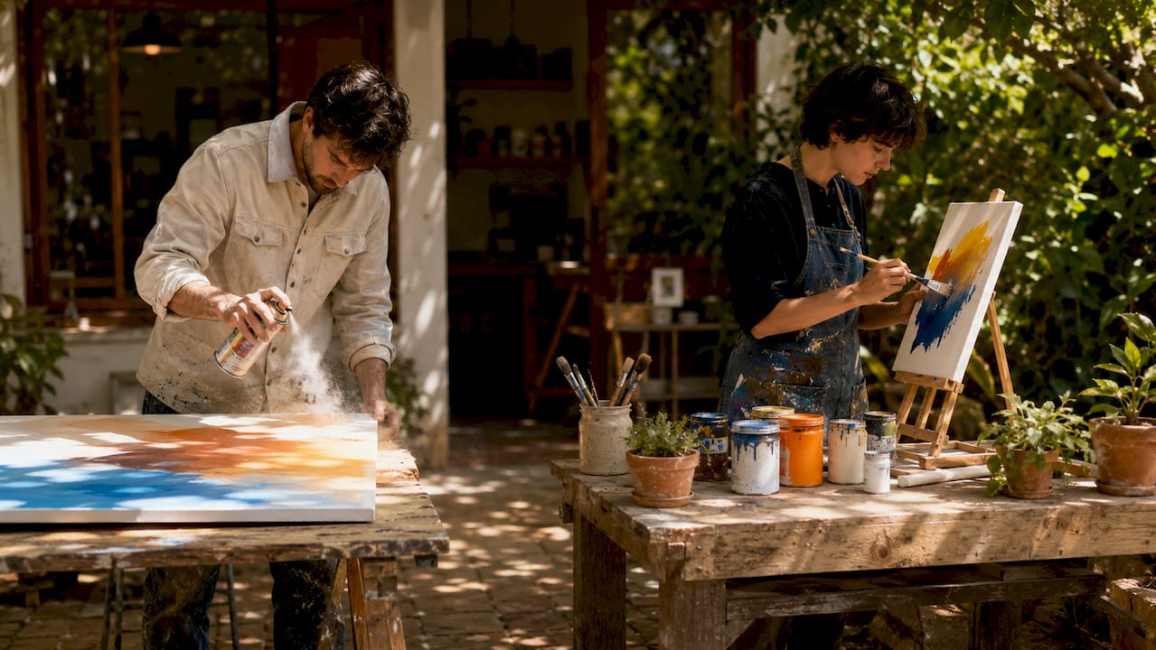 Side-by-side paint spraying and brushing in workshop