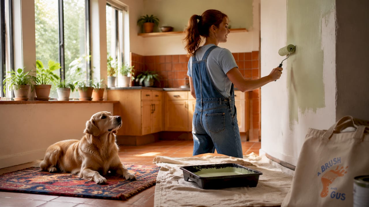 Pet owner painting wall near golden retriever