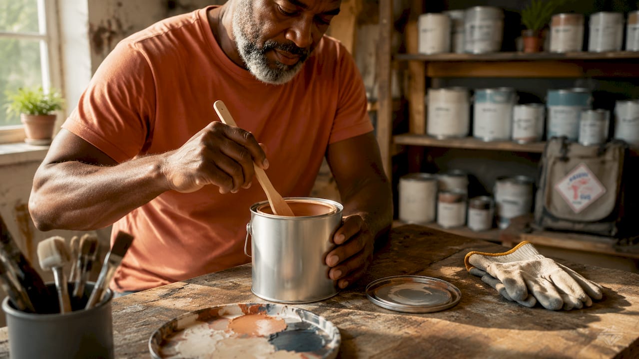Man mixing zero-VOC paint in home workshop