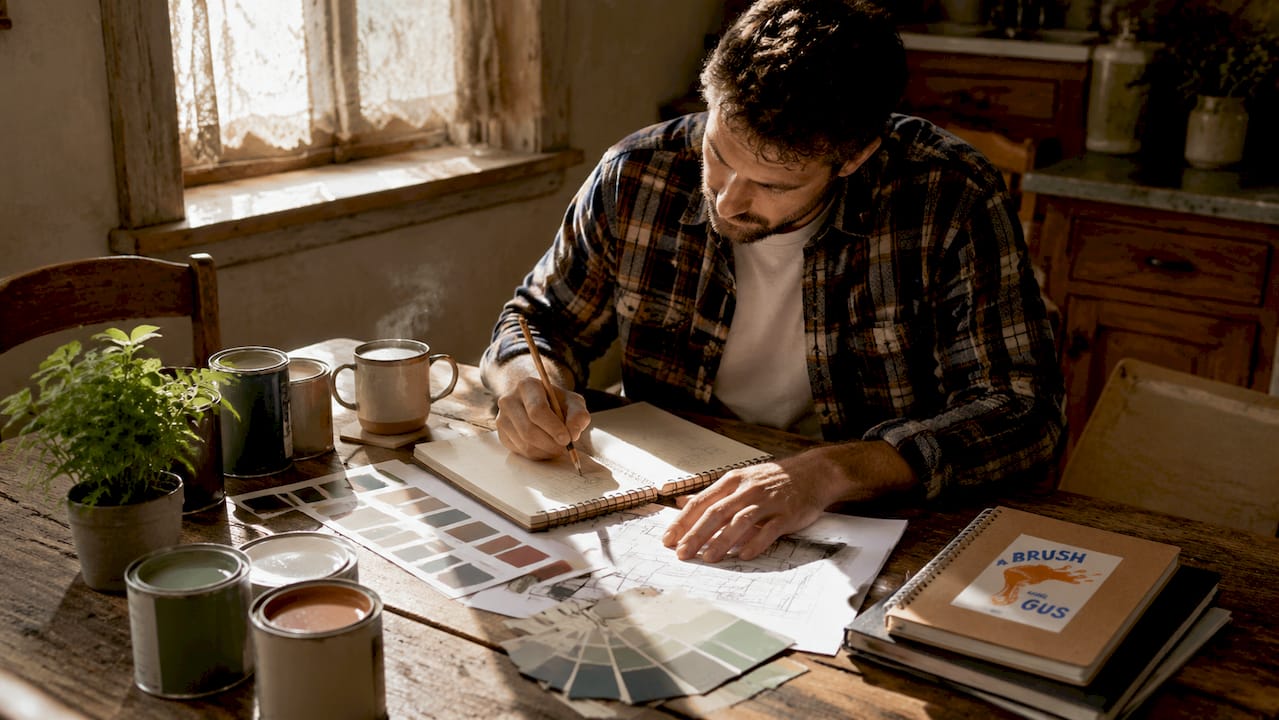 Decorator organizing project plans in home office