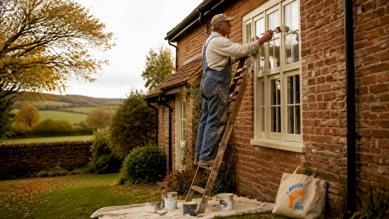 Man painting house exterior on ladder in spring