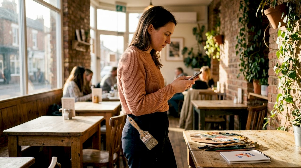 Woman checking weather forecast before painting